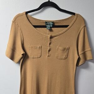 NWT Lauren Ralph Lauren Tan/Brown Henley Short Sleeve Dress Size Small Petite